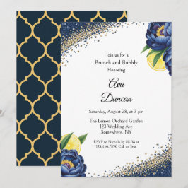 ネイビーピーニーシトラス絵を描フローラブランチ&バブリー 招待状