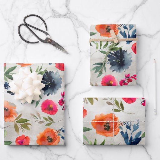 ネイビーピーニーピンクオレンジポピーガーデン ラッピングペーパーシート (正面)
