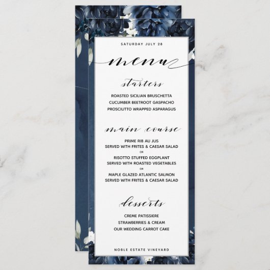 ネイビーピーニー結婚のカスタマイズ可能なディナーメニュー メニュー (正面/裏面)
