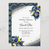 ネイビーピーニー絵を描シッツフローラ結婚のお祝い 招待状 (正面/裏面)