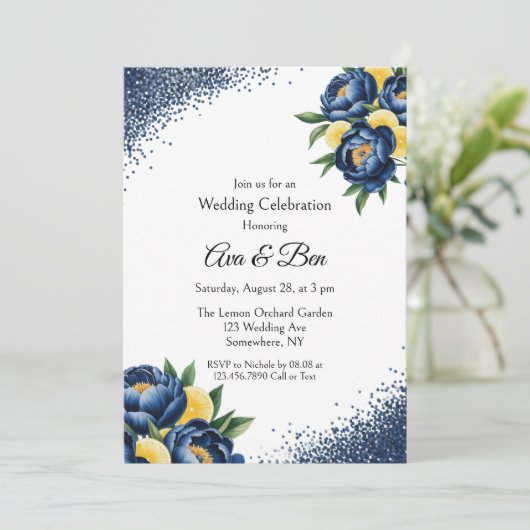 ネイビーピーニー絵を描シッツフローラ結婚のお祝い 招待状 (スタンド正面)