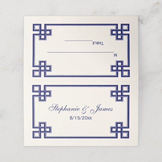 ネイビーファンシーブルーギリシャ鍵フレームエスコートカードアイボリー プレイスカード (外部開封)