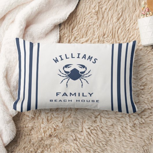ネイビーファンシーブルーホワイトファミリーネームビーチハウスカニ ランバークッション (ブランケット)