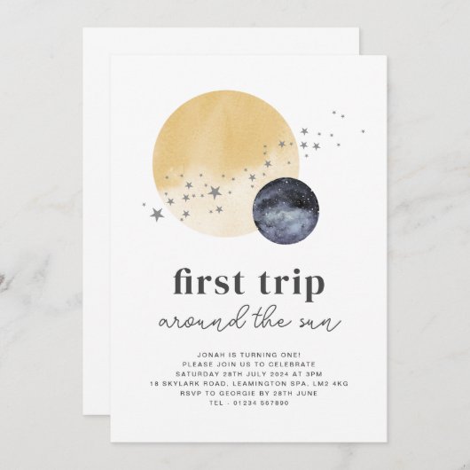 ネイビーファーストのまわりにトリップザサン誕生日招待状 招待状 (正面/裏面)
