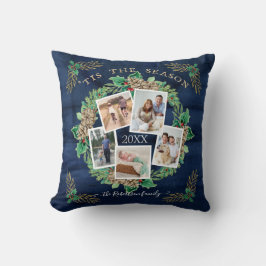 ネイビーファームハウスファミリーフォトウォーターカラーパインリース クッション