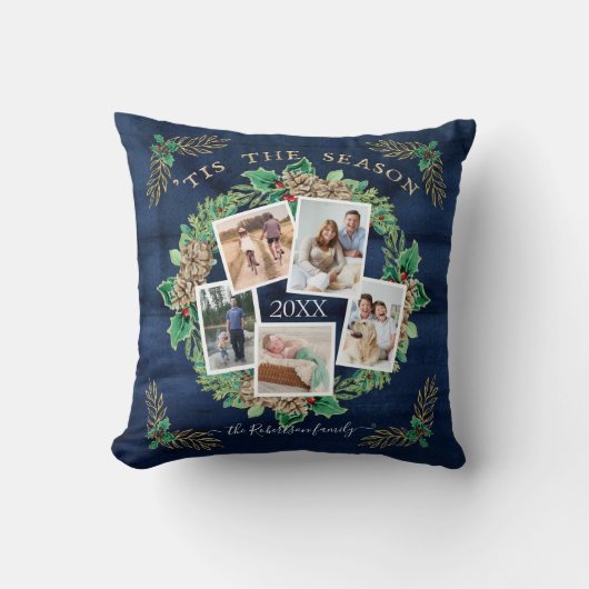 ネイビーファームハウスファミリーフォトウォーターカラーパインリース クッション (正面)