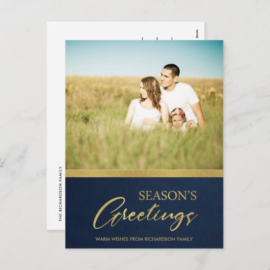 ネイビーフェイク金ゴールド書道季節のごあいさつ写真 シーズンポストカード (正面/裏面)