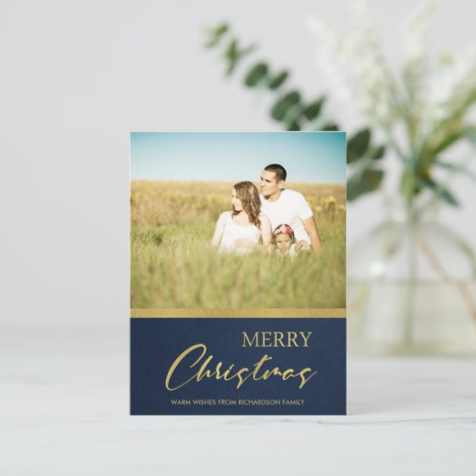 ネイビーフェイク金ゴールド書道楽しいクリスマスフォト シーズンポストカード (スタンド正面)