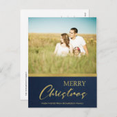 ネイビーフェイク金ゴールド書道楽しいクリスマスフォト シーズンポストカード (正面/裏面)