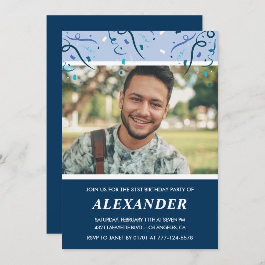 ネイビーフォト31歳の誕生日招待状マン 招待状 (正面/裏面)