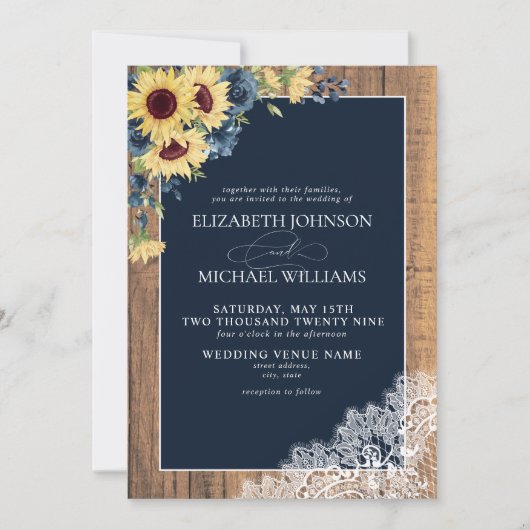 ネイビーフォーマルブルーサンフラワーレース結婚スクリプト 招待状 (正面)