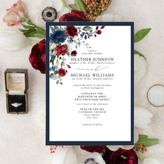 ネイビーフォーマルブルーブルゴーニュフローラ水彩画 招待状