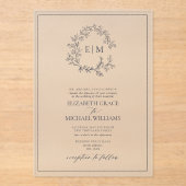 ネイビーフォーマルブルーリーピークレストモノグラム結婚ズ アクリル招待状 (正面)