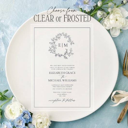 ネイビーフォーマルブルーリーピークレストモノグラム結婚ズ アクリル招待状