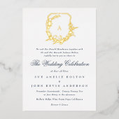 ネイビーフォーマルブルー植物性金ゴールドモノグラム紋章 箔招待状 (正面)