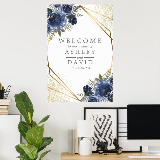 ネイビーフラワーズウォーター結婚カラーフローラの歓迎 ポスター (ホームオフィス)