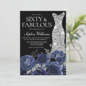ネイビーフラワーズ&シルバードレスブラック60誕生日 招待状 (スタンド正面)