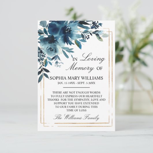 ネイビーフラワーズ&金ゴールド悔やみや弔慰メモリサンキューカード サンキューカード (スタンド正面)