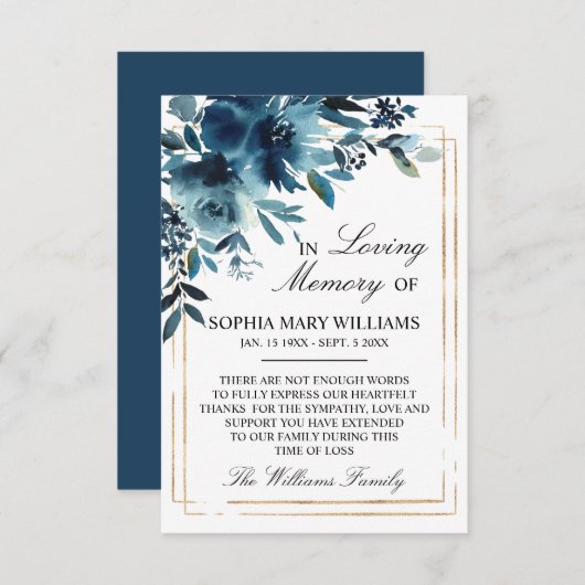 ネイビーフラワーズ&金ゴールド悔やみや弔慰メモリサンキューカード サンキューカード (正面/裏面)