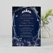 ネイビーフラワーティアラシルバーキンセアニェラ 箔招待状 (立ち正面)