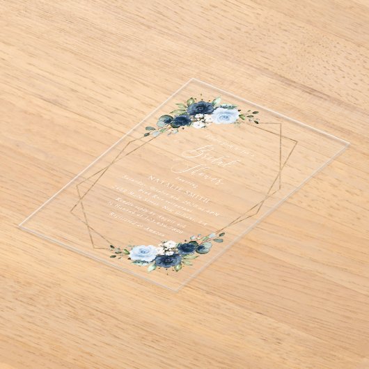 ネイビーフラワーブルーフラワーボホブライダルシャワー アクリル招待状 (レイダウン)