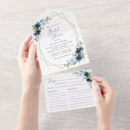 ネイビーフラワーブルーフラワーボホブライダルシャワー オールインワン招待状