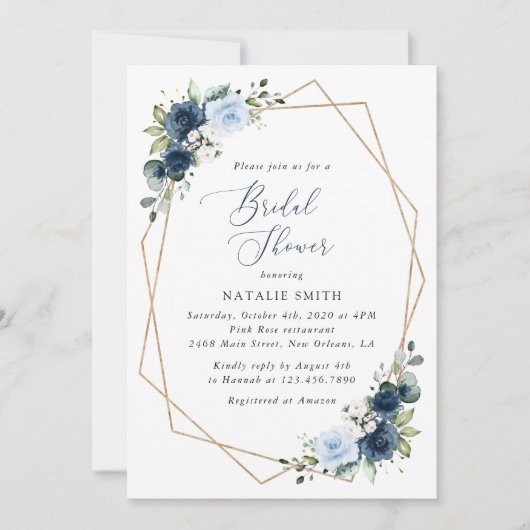 ネイビーフラワーブルーフラワーボホブライダルシャワー 招待状 (正面)