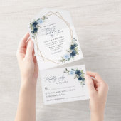 ネイビーフラワーブルーフラワーボホ結婚フローラ オールインワン招待状 (貼ってはがせる)