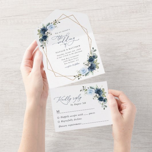 ネイビーフラワーブルーフラワーボホ結婚フローラ オールインワン招待状 (貼ってはがせる)