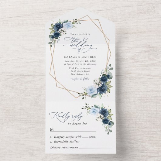 ネイビーフラワーブルーフラワーボホ結婚フローラ オールインワン招待状 (内側)
