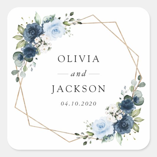 ネイビーフラワーブルーフラワーボホ結婚フローラ スクエアシール (正面)