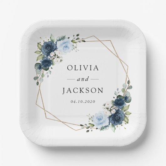 ネイビーフラワーブルーフラワーボホ結婚フローラ ペーパープレート (正面)
