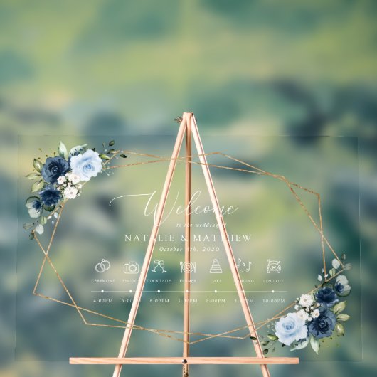 ネイビーフラワー、ブルーフラワー、ボホ、結婚のタイムライン アクリルサイン (ニュートラル)