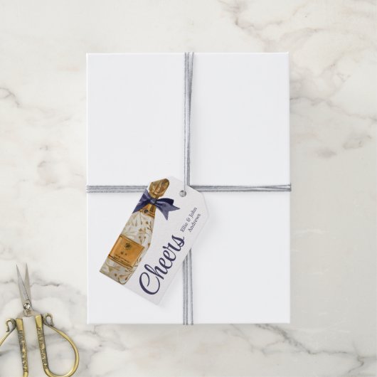 ネイビーフランスのボウ付き水彩シャンパン ギフトタグ (より糸付き)