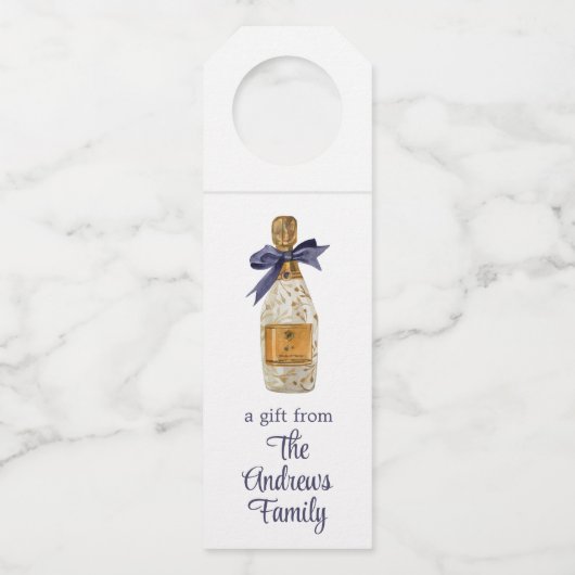 ネイビーフランスのボウ付き水彩シャンパン ボトルネックタグ (正面)