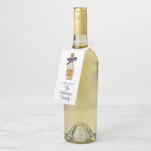 ネイビーフランスのボウ付き水彩シャンパン ボトルネックタグ (アングル)