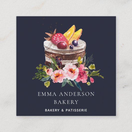 ネイビーフルーツフローラケーキパティスリーカップケーキベーカリー スクエア名刺 (正面)