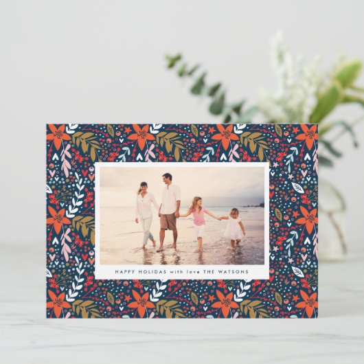 ネイビーフローラかわいらしクリスマスホリデーカード シーズンカード (スタンド正面)