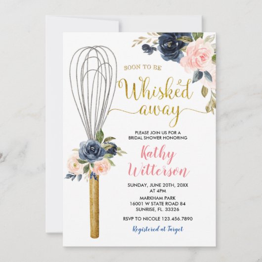 ネイビーフローラすぐにウィスクされる遠くにブライダルシャワー 招待状 (正面)