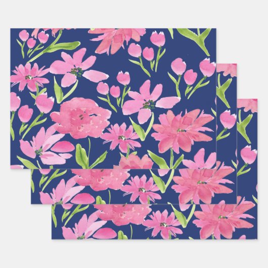 ネイビーフローラの水色 ラッピングペーパーシート (セット)