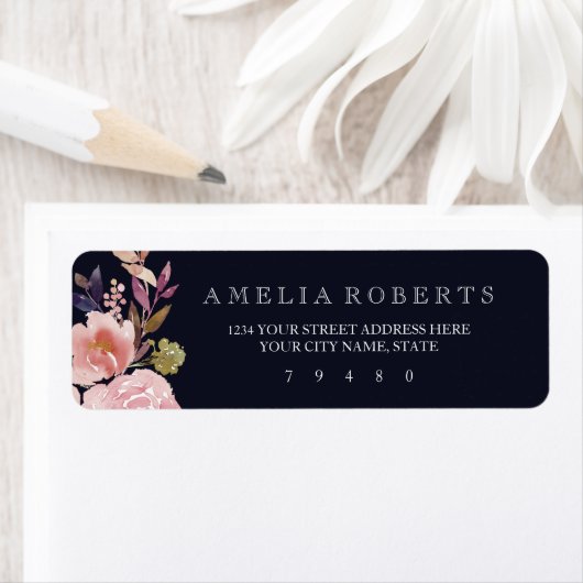 ネイビーフローラウォーターカラー牡丹住所 シール (インサイチュ)