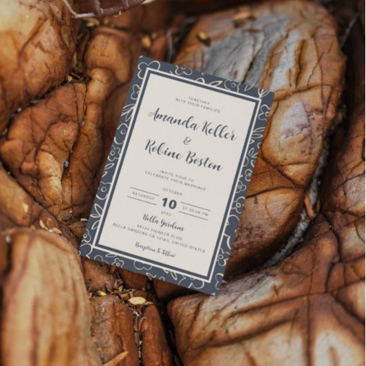 ネイビーフローラエレガントミニマル結婚式招待状 招待状