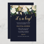 ネイビーフローラグリッターきらめくボーイベビーシャワー 招待状 (正面/裏面)