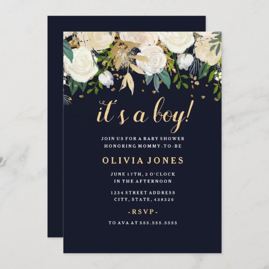 ネイビーフローラグリッターきらめくボーイベビーシャワー 招待状 (正面/裏面)