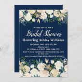 ネイビーフローラグリーンバラブライダルシャワー招待 招待状 (正面/裏面)