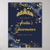 ネイビーフローラスワールキンセアニェラウェルカムサイン金ゴールド 箔ポスター (正面)