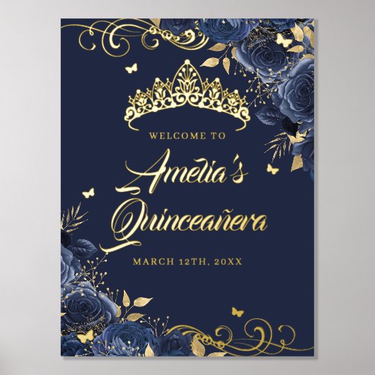 ネイビーフローラスワールキンセアニェラウェルカムサイン金ゴールド 箔ポスター (正面)