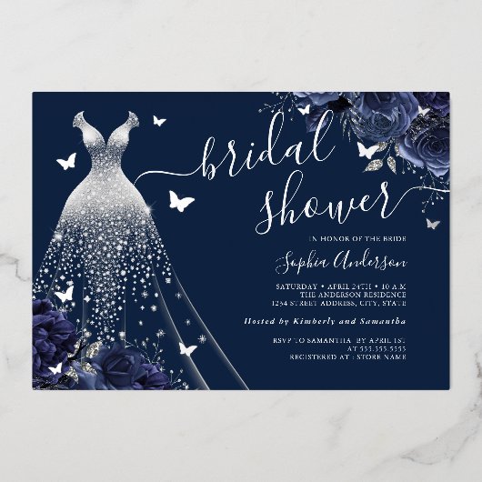 ネイビーフローラバタフライスパークルドレスブライダルシャワー 箔招待状 (正面)