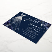 ネイビーフローラバタフライスパークルドレスブライダルシャワー 箔招待状 (回転した状態)