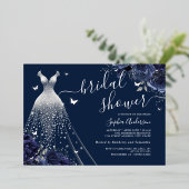 ネイビーフローラバタフライスパークルドレスブライダルシャワー 箔招待状 (立ち正面)